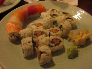 Rainbow roll, spicy tuna roll, tuna and avocado roll