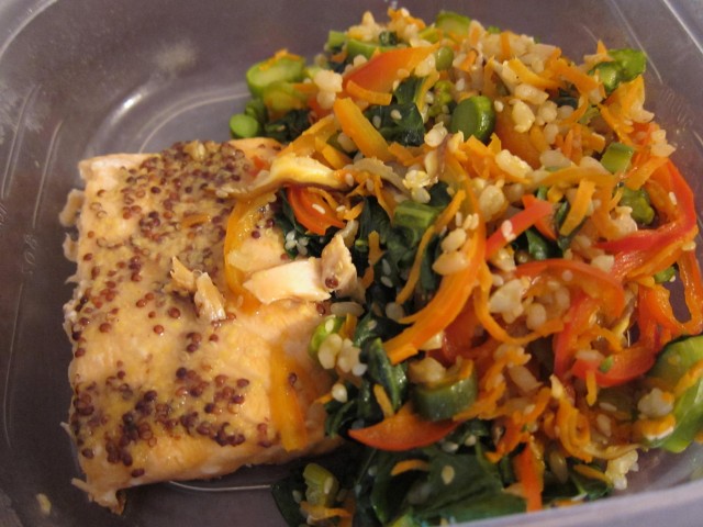 Honey mustard salmon and veggie stir fry