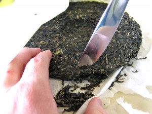 Breaking off some pu-erh tea leaves
