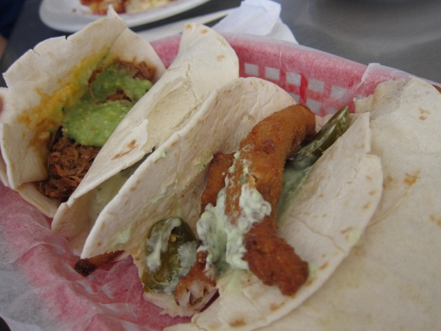 3 fish tacos, one taco al pastor