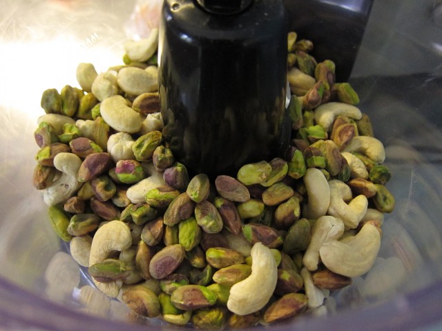 Pistachios and cashews in processor
