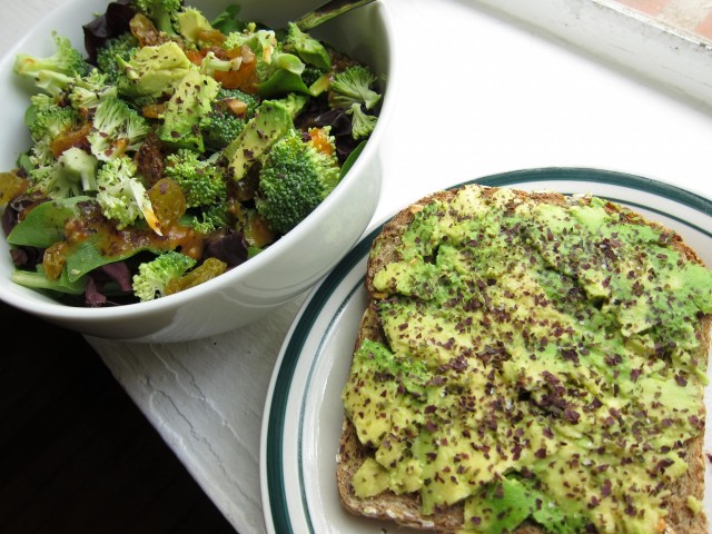 Salad and avocado toast with seaweed