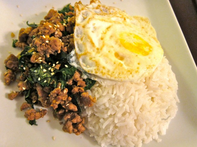 Pork with thai basil and a fried egg