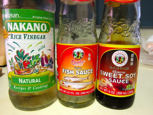 Rice vinegar, fish sauce, sweet soy