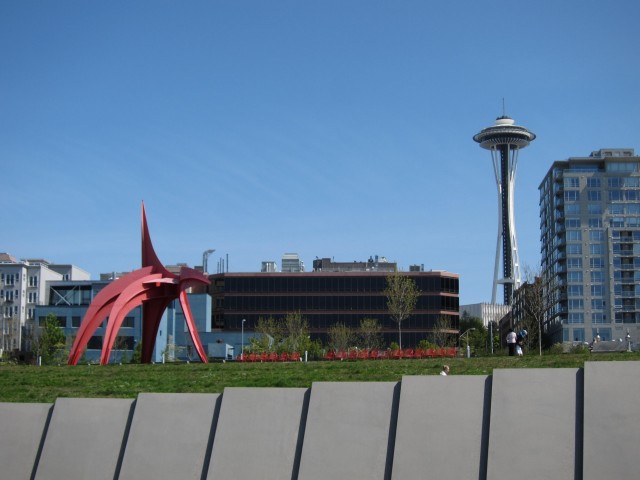 Space needle and red elephant sculpture