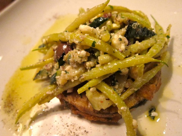 Filet beans over tempura eggplant