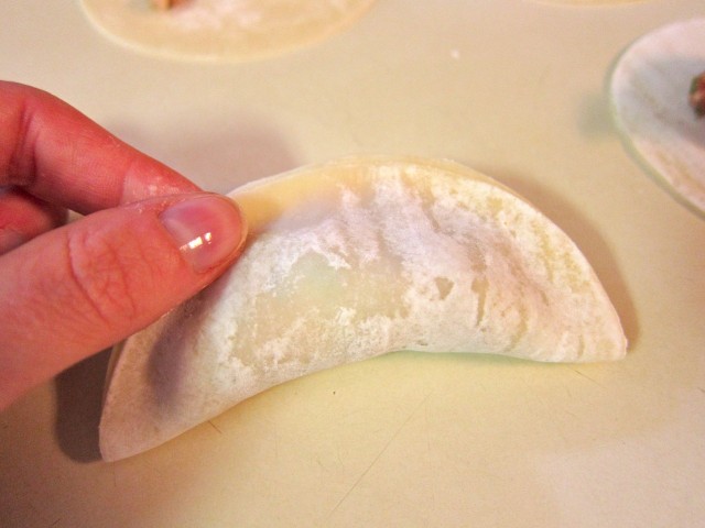 Fold potsticker in half