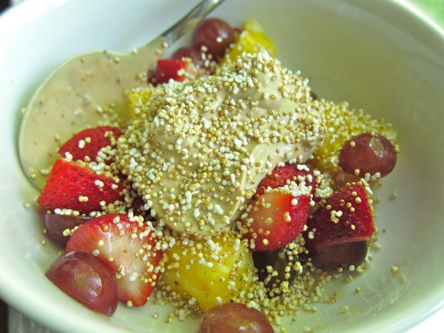 Fruit with fig yogurt and amaranth