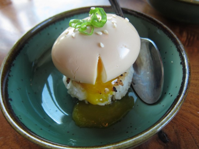 Oozy soy egg with crispy rice