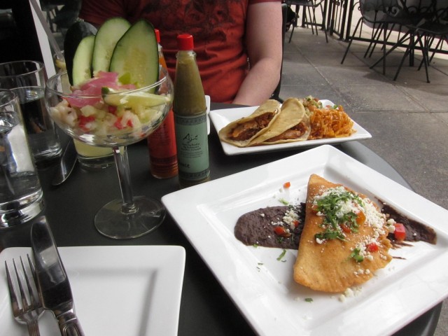 duck taquitos, ceviche, and pork empanadas